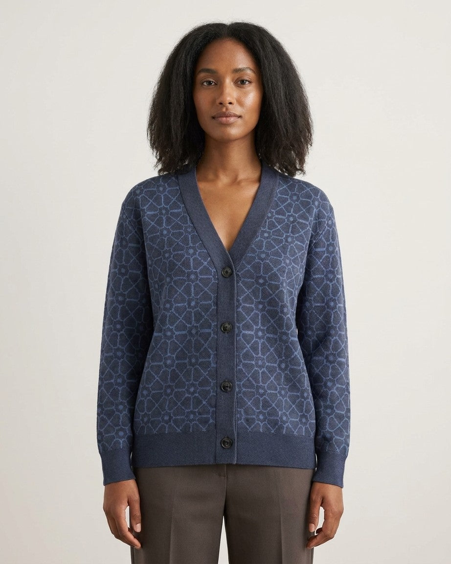 Jali — Mughal Lattice Jacquard Knit Cardigan, Navy — view 4