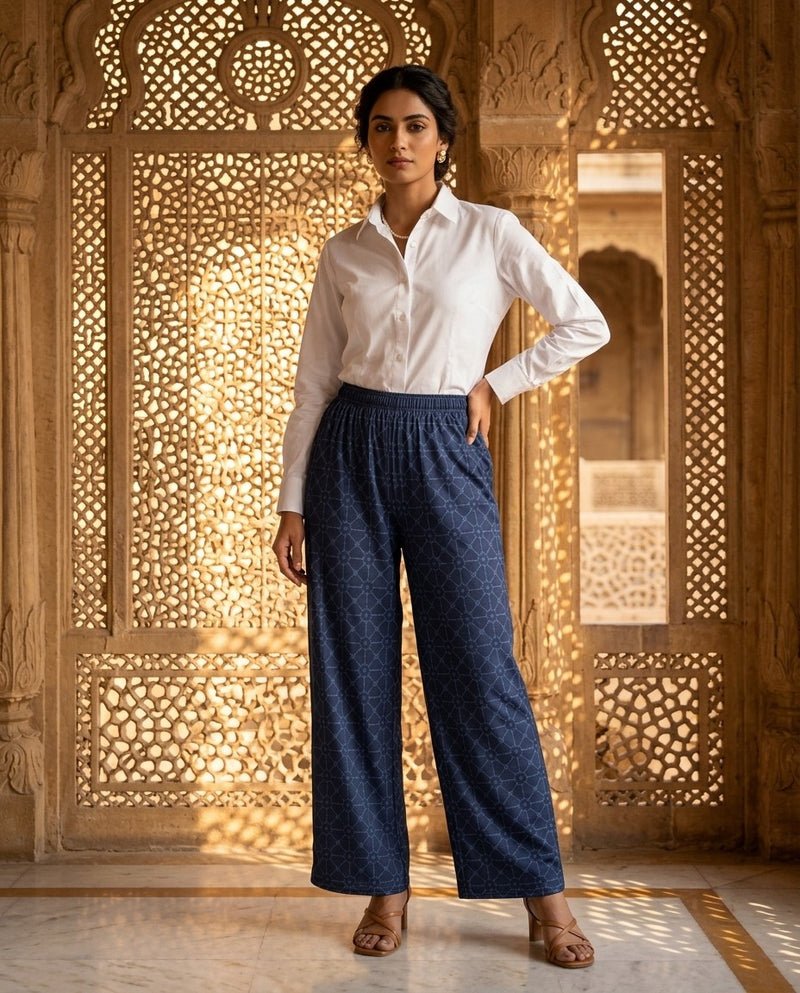 Jali — Indigo Lattice Wide-Leg Trousers