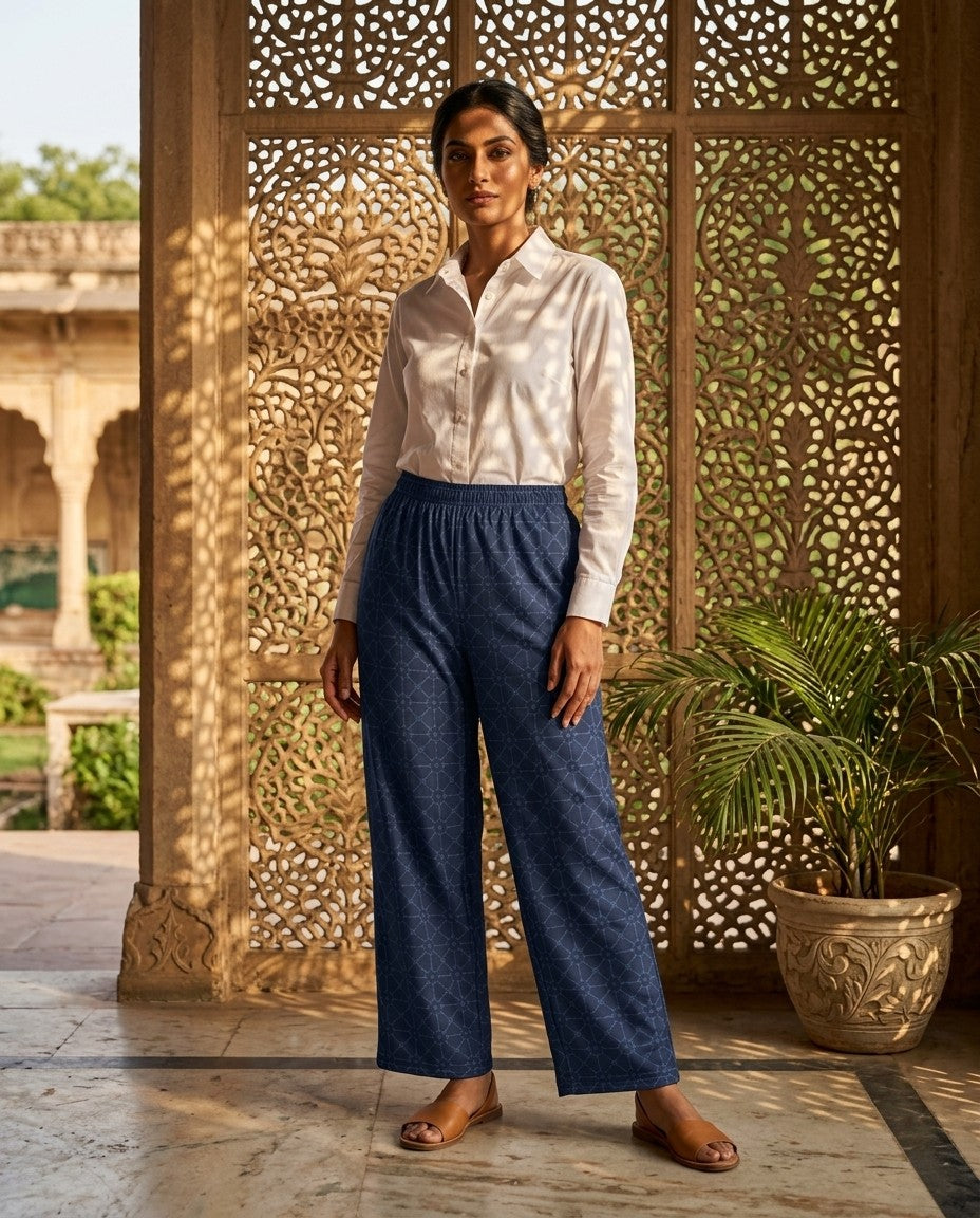 Jali — Indigo Lattice Wide-Leg Trousers — view 3