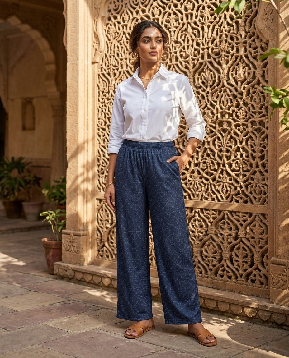 Jali — Indigo Lattice Wide-Leg Trousers — view 4
