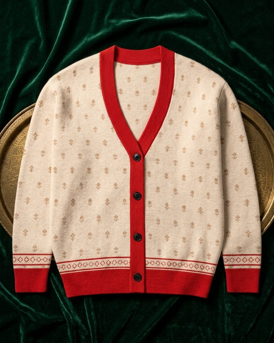 Shah Shuja — Ivory Buti Jacquard Knit Cardigan — view 10