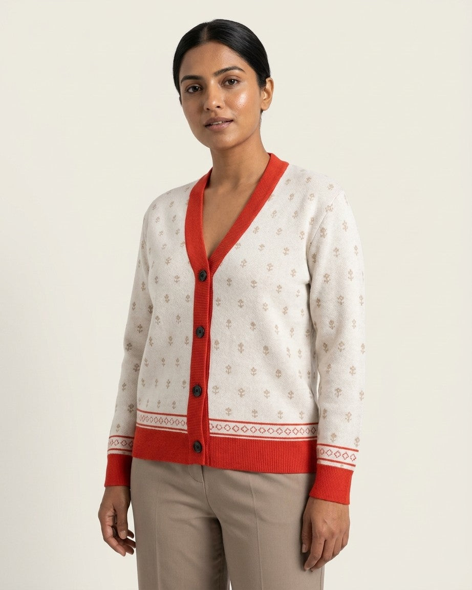 Shah Shuja — Ivory Buti Jacquard Knit Cardigan — view 7