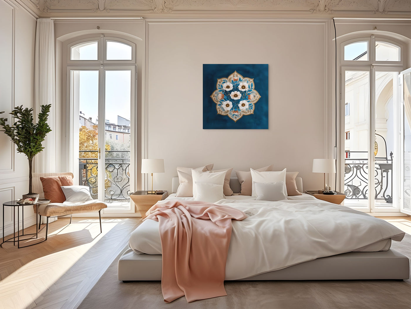Blue Garden Reverie – Mughal Floral Medallion Canvas Art with Ivory Blossoms & Gold Detailing — view 10