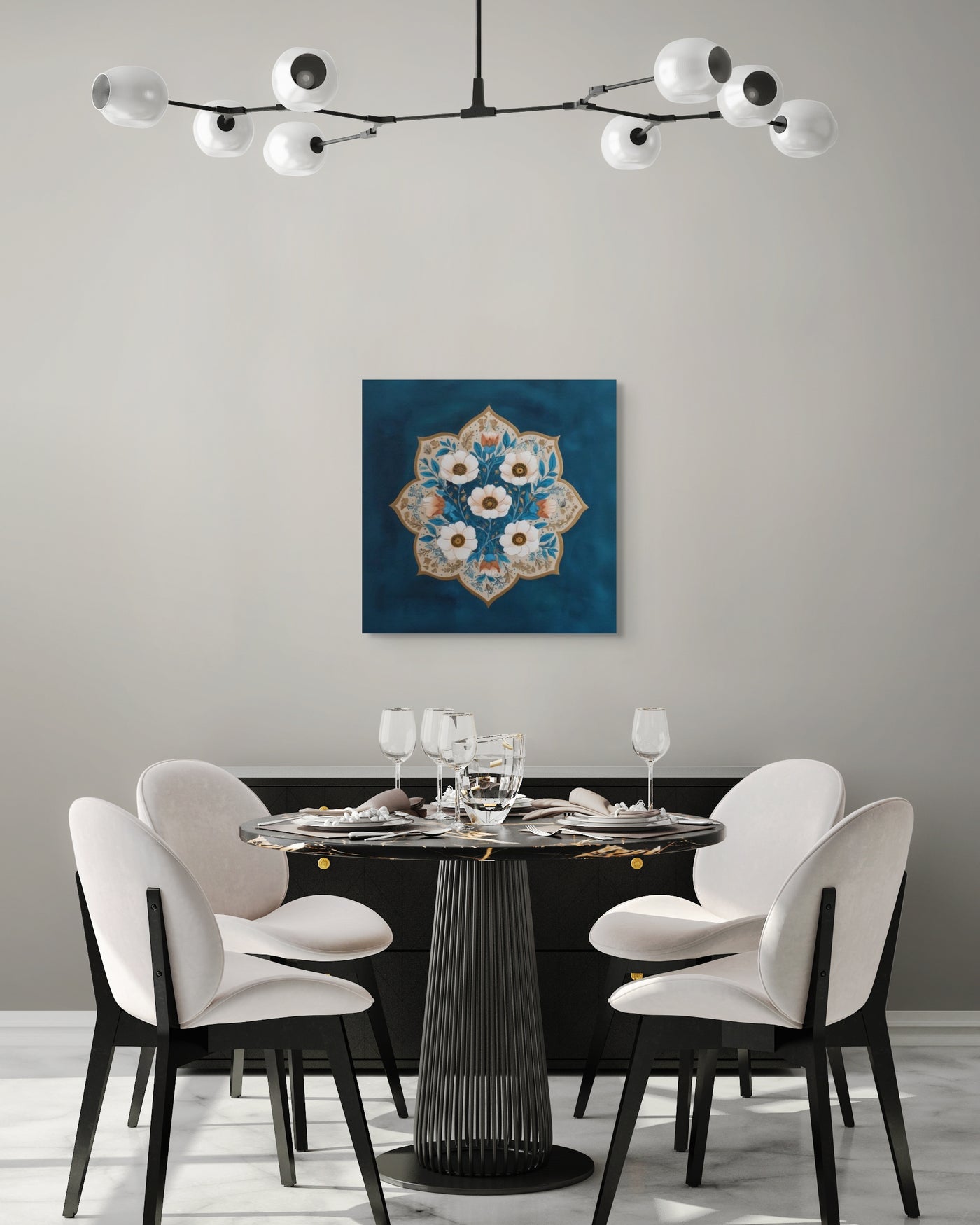 Blue Garden Reverie – Mughal Floral Medallion Canvas Art with Ivory Blossoms & Gold Detailing — view 11