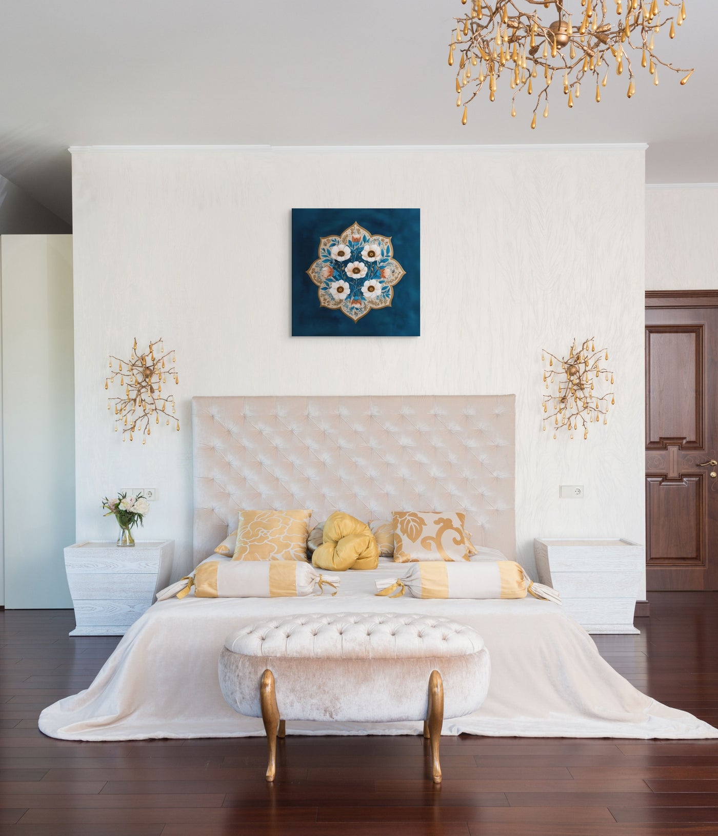 Blue Garden Reverie – Mughal Floral Medallion Canvas Art with Ivory Blossoms & Gold Detailing — view 12
