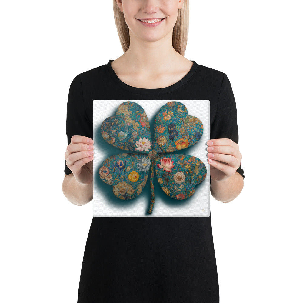 The Clover of a Thousand Blooms — Mughal Floral Canvas & Framed Wall Art, Teal Gold Clover Print, Indian Botanical Decor, Lotus Peony Marigold Art — view 2