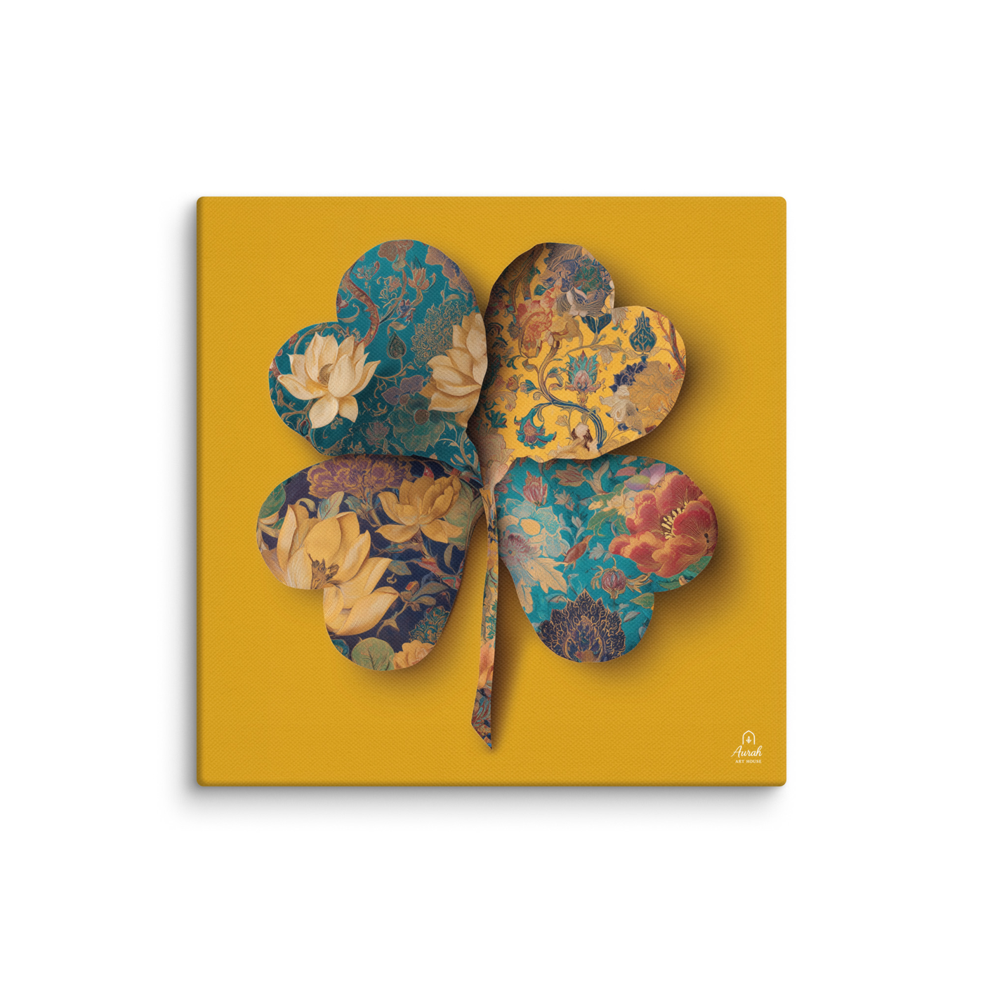 Four Gardens in Saffron - Mughal Floral Canvas & Framed Wall Art, Saffron Clover Print, Indian Botanical Decor, Gold Teal Lotus Art — view 10