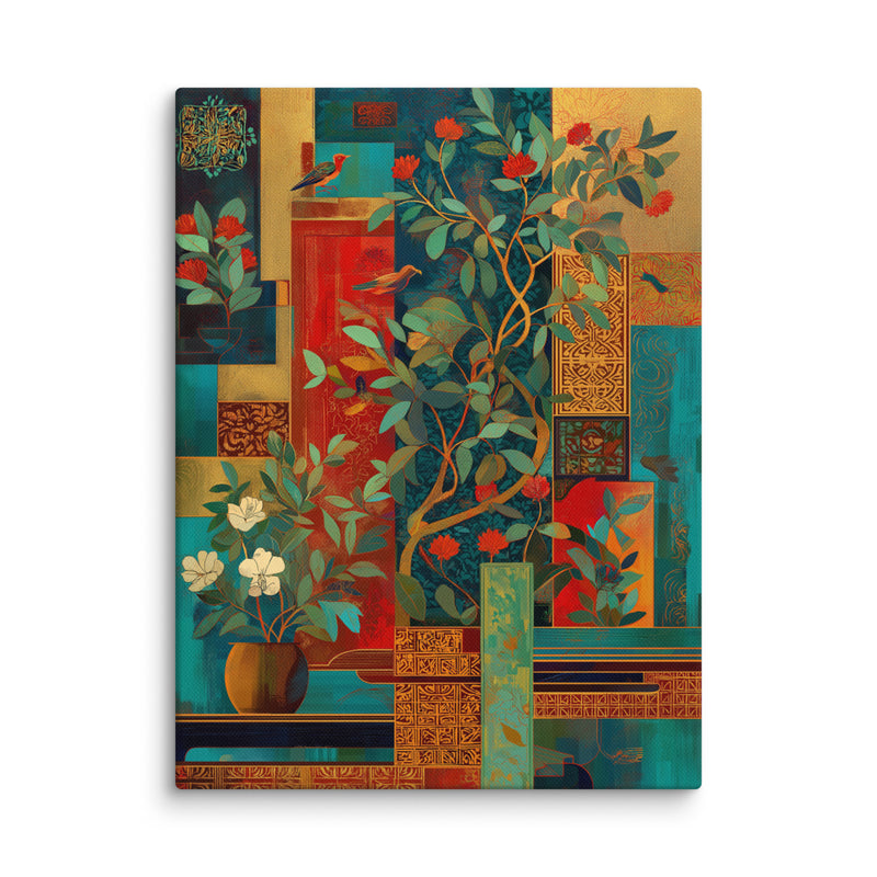 Crimson Garden in Gold – Mughal-Inspired Modern Wall Art