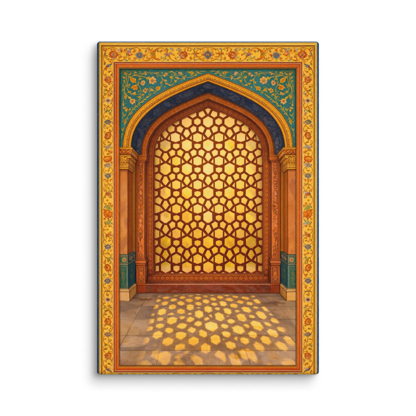 Golden Mughal Arch Canvas Wall Art – Indian Architectural Jali Window, Blue & Gold Palace Inspired Cultural Decor — view 2