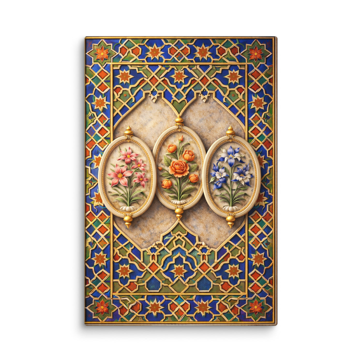Mughal Floral Cartouche Wall Art – Shah Jahan Inspired Geometric Panel Canvas in Blue, Gold & Jewel Tones — view 9