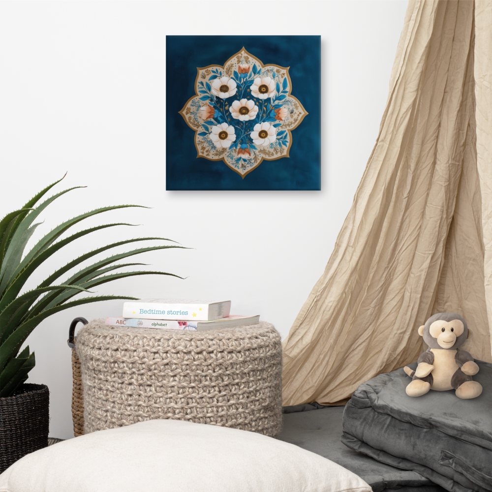 Blue Garden Reverie – Mughal Floral Medallion Canvas Art with Ivory Blossoms & Gold Detailing — view 5