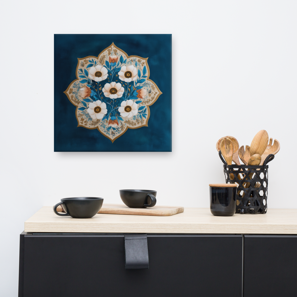 Blue Garden Reverie – Mughal Floral Medallion Canvas Art with Ivory Blossoms & Gold Detailing — view 6