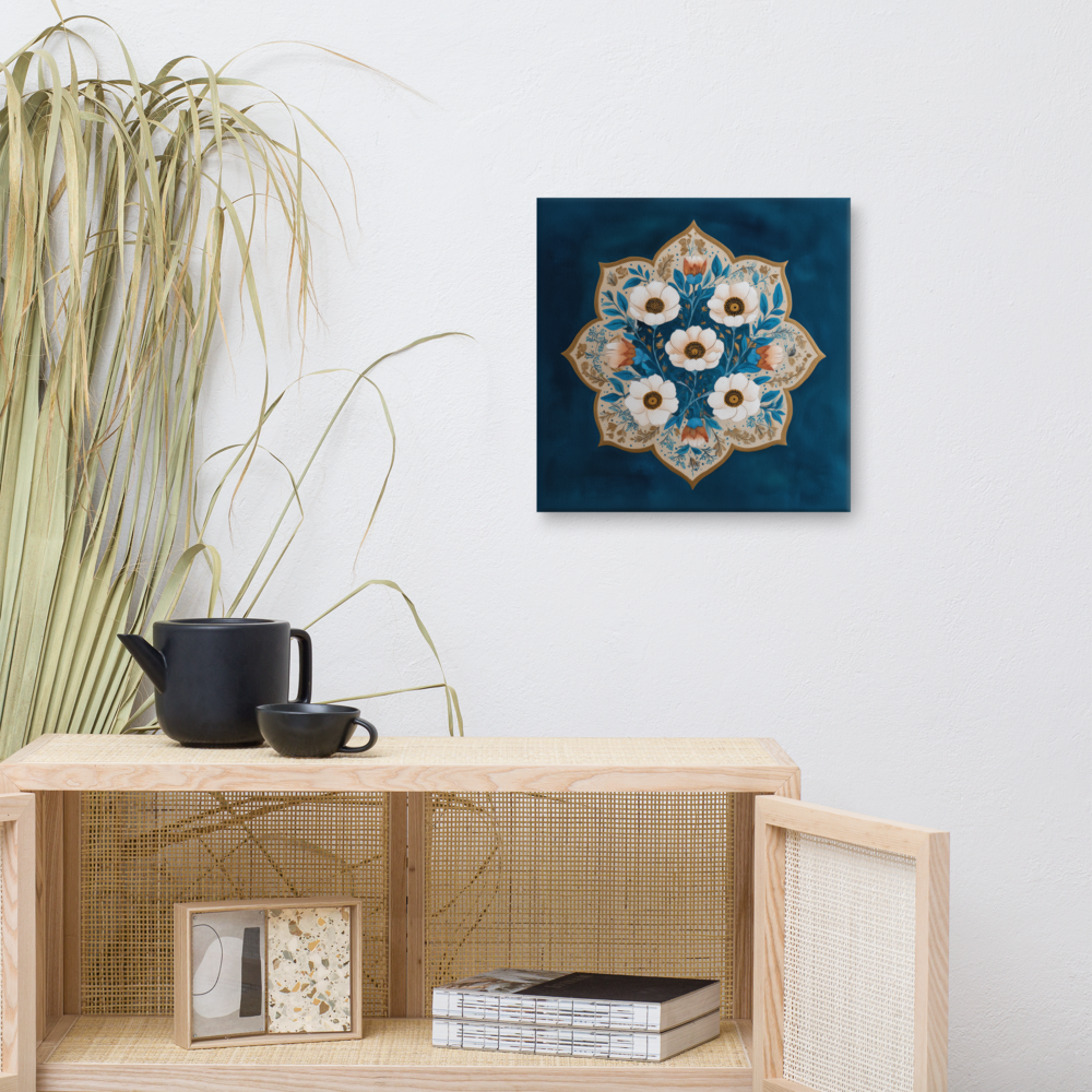 Blue Garden Reverie – Mughal Floral Medallion Canvas Art with Ivory Blossoms & Gold Detailing — view 7