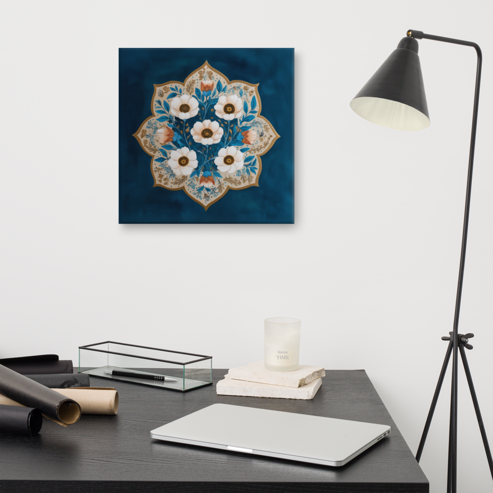 Blue Garden Reverie – Mughal Floral Medallion Canvas Art with Ivory Blossoms & Gold Detailing — view 8