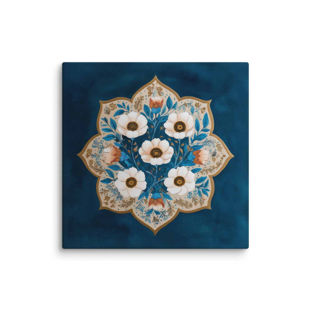 Blue Garden Reverie – Mughal Floral Medallion Canvas Art with Ivory Blossoms & Gold Detailing — view 4