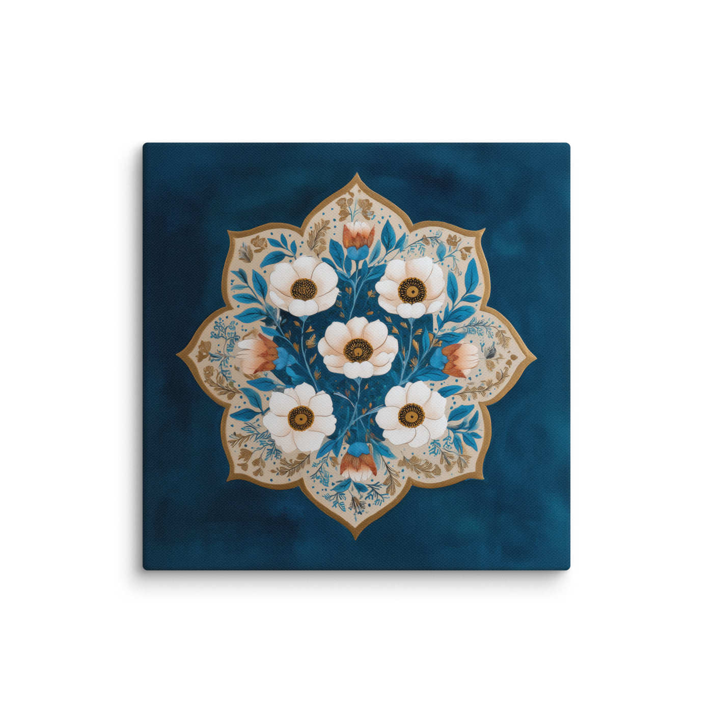 Blue Garden Reverie – Mughal Floral Medallion Canvas Art with Ivory Blossoms & Gold Detailing — view 4