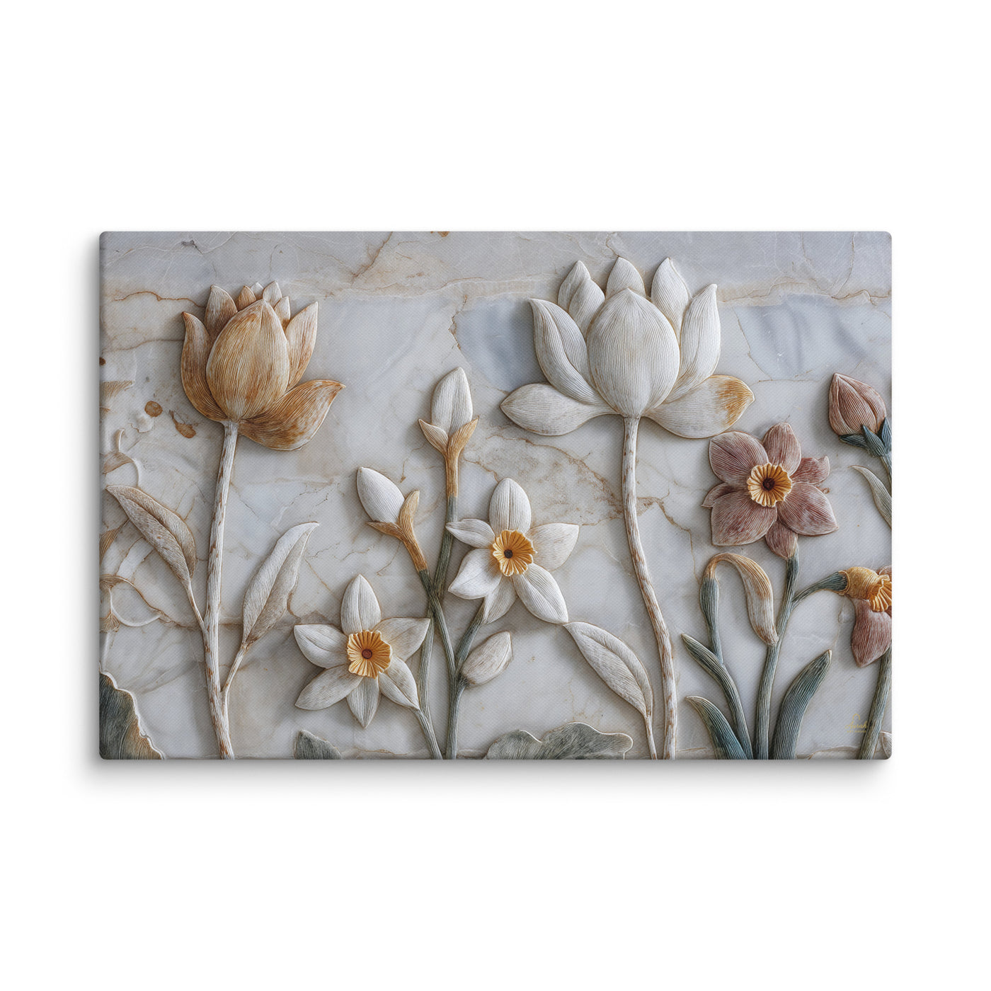 Ivory Lotus & Daffodil Relief Art – Sculptural Floral Wall Canvas — view 1