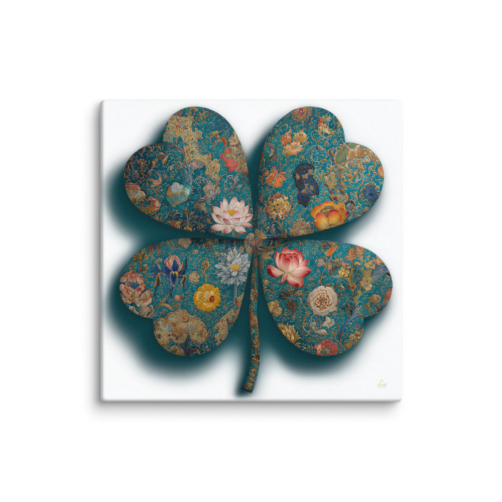 The Clover of a Thousand Blooms — Mughal Floral Canvas & Framed Wall Art, Teal Gold Clover Print, Indian Botanical Decor, Lotus Peony Marigold Art — view 7