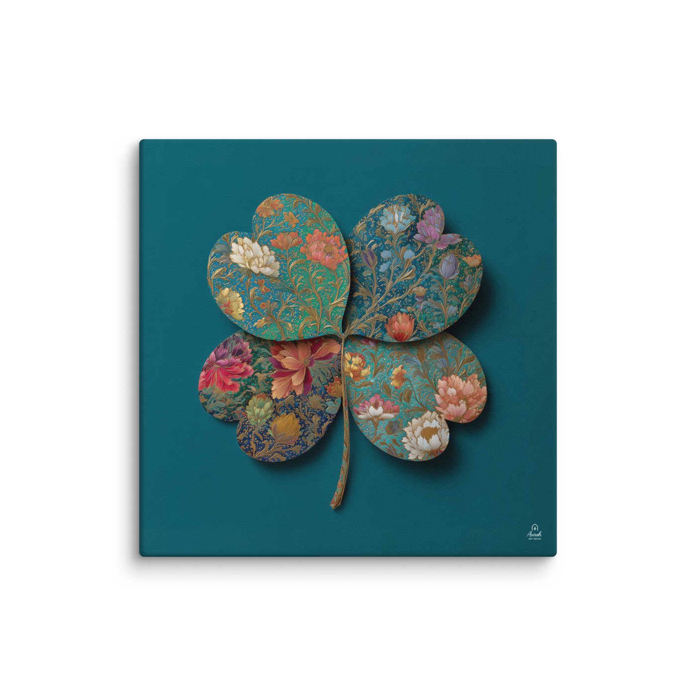 Four Gardens in Teal — Mughal Floral Canvas & Framed Wall Art, Peacock Blue Clover Print, Indian Botanical Decor, Sage Rose Teal Lotus Art — view 10
