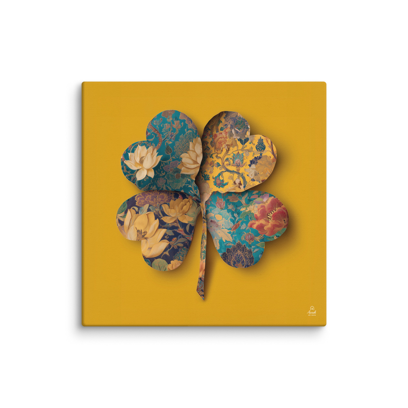 Four Gardens in Saffron - Mughal Floral Canvas & Framed Wall Art, Saffron Clover Print, Indian Botanical Decor, Gold Teal Lotus Art — view 12