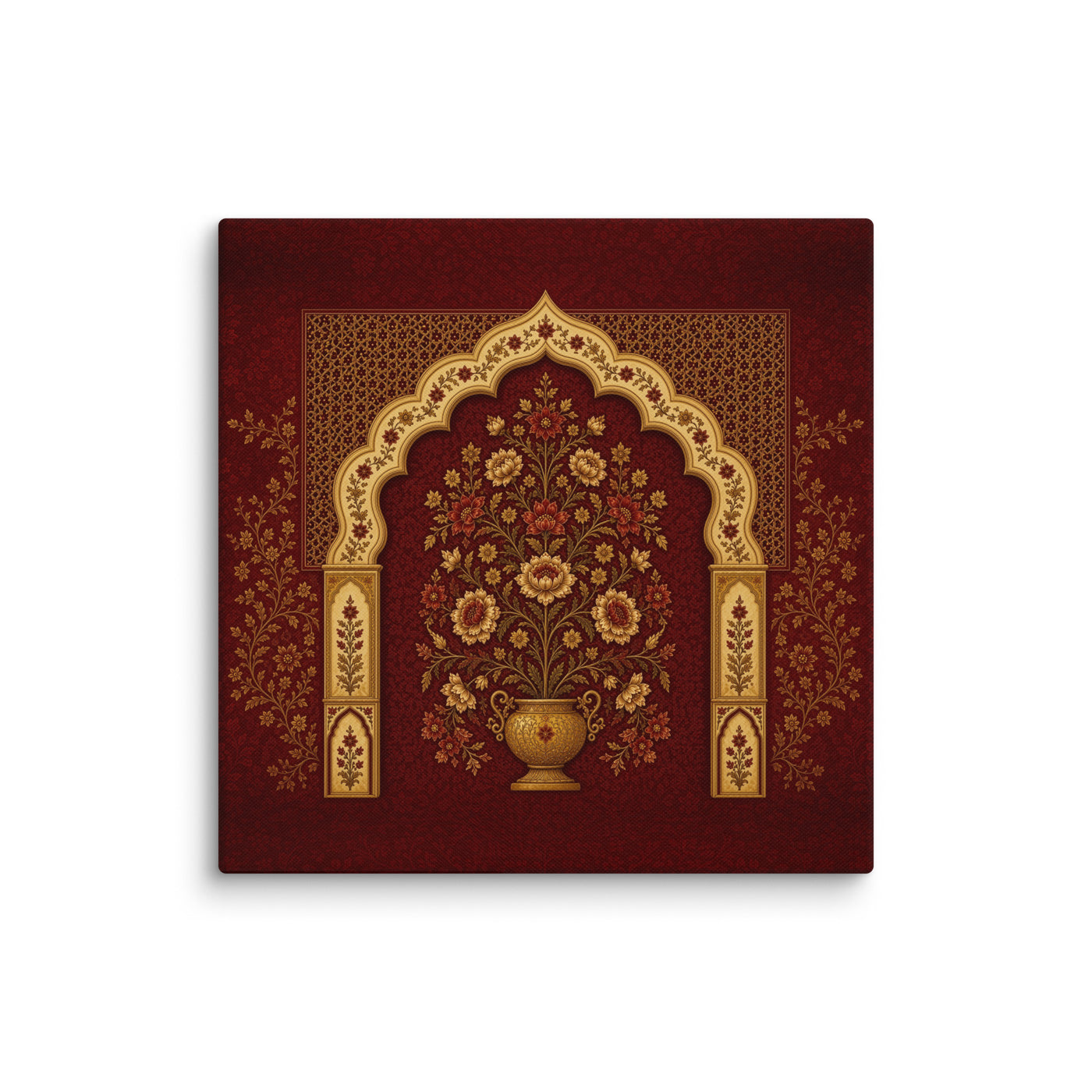 Mughal Floral Arch Canvas Wall Art – Red & Gold Indian Botanical Decor — view 1