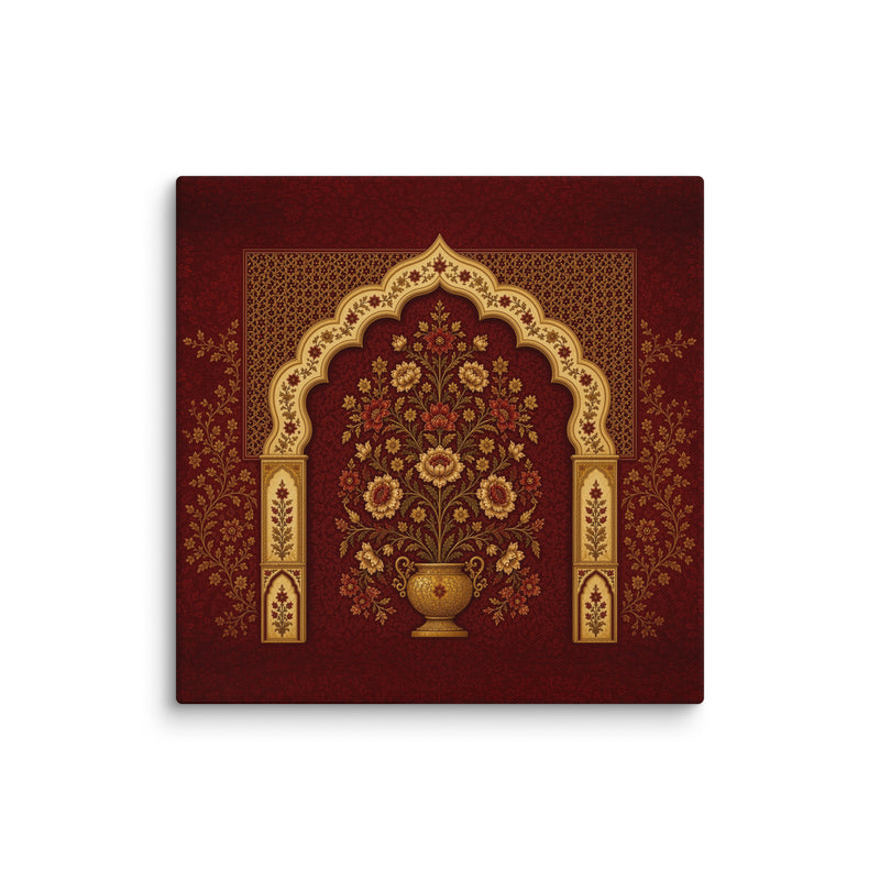Mughal Floral Arch Canvas Wall Art – Red & Gold Indian Botanical Decor