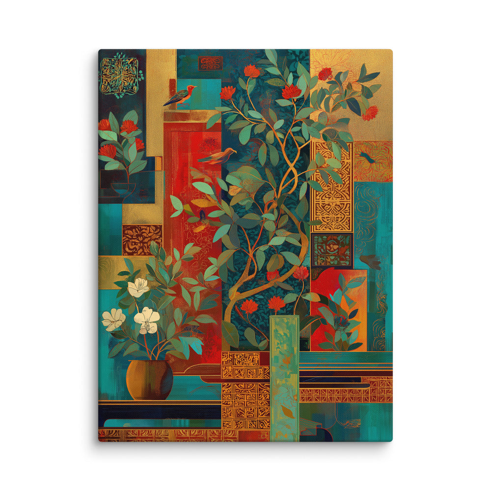 Crimson Garden in Gold – Mughal-Inspired Modern Wall Art — view 2