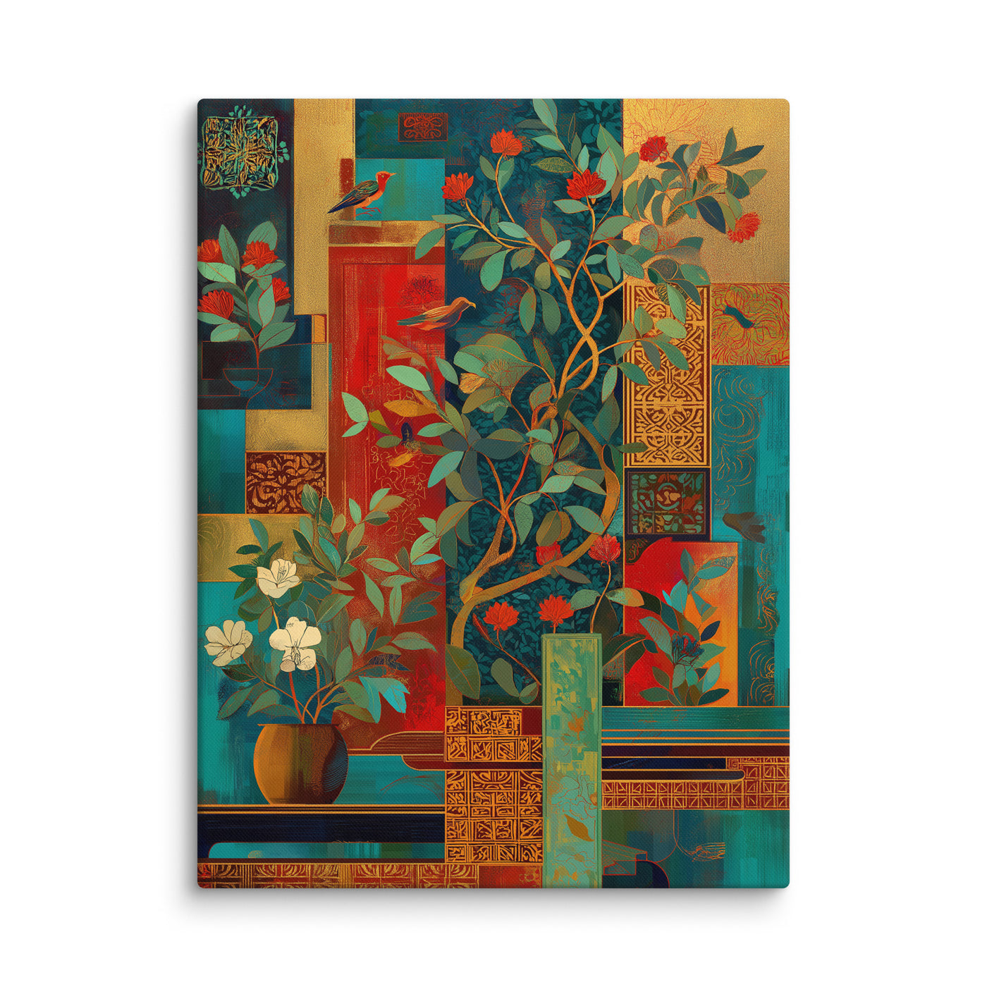 Crimson Garden in Gold – Mughal-Inspired Modern Wall Art — view 2