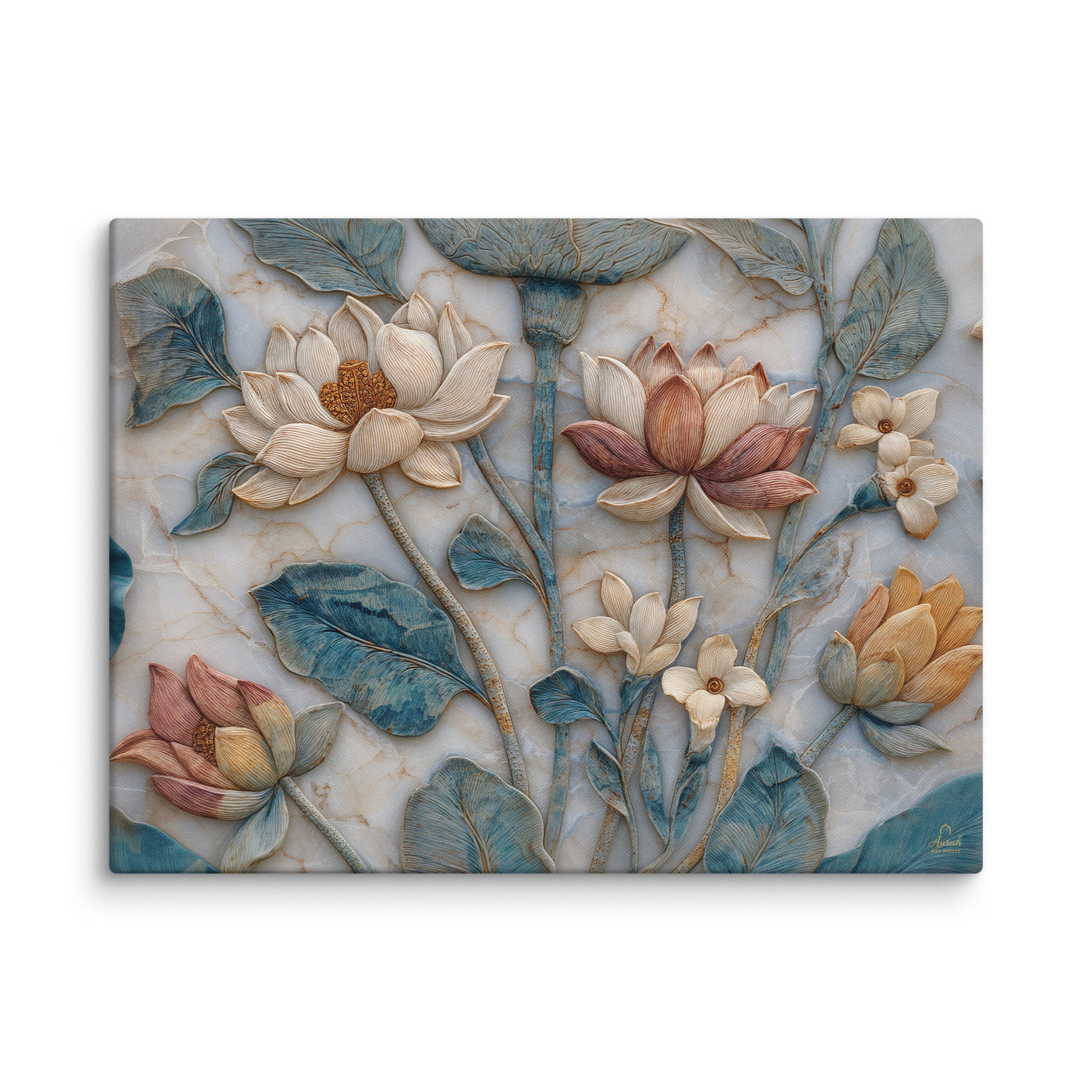 Mughal Lotus Garden — Naturalistic Marble Floral Bas-Relief Canvas — view 1