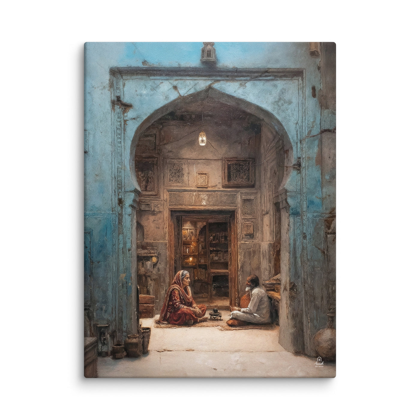 Whispers of the Blue Haveli – Mughal Courtyard Canvas Art — view 1