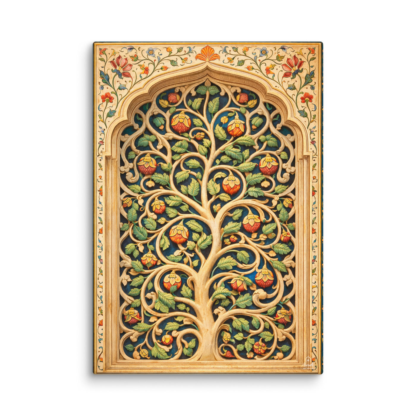 Mughal Tree of Life Wall Art, Curvilinear Vine Canvas, Indian Botanical Decor, Blue Gold Floral Artwork, Sidi Sayyid Inspired Art — view 2