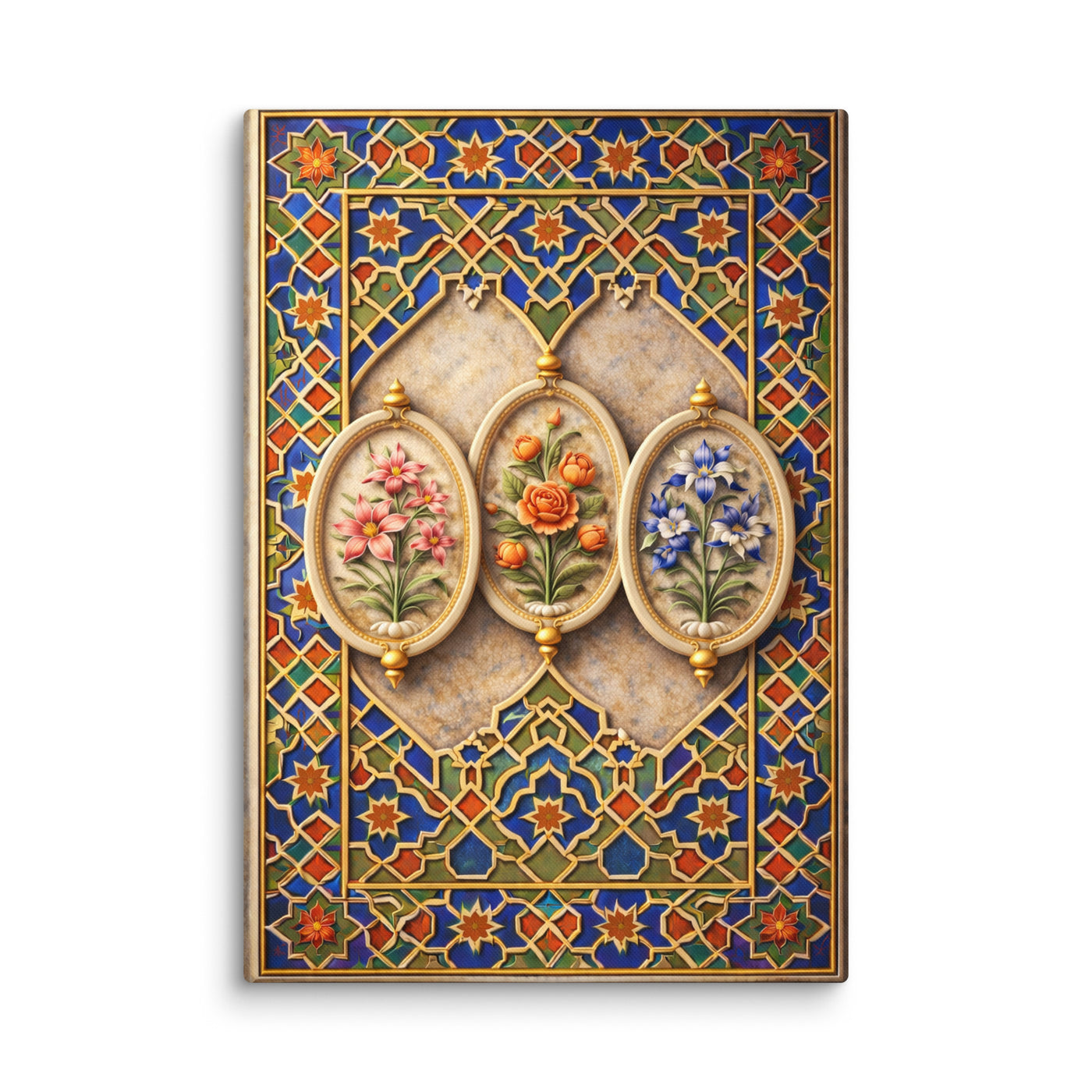 Mughal Floral Cartouche Wall Art – Shah Jahan Inspired Geometric Panel Canvas in Blue, Gold & Jewel Tones — view 10