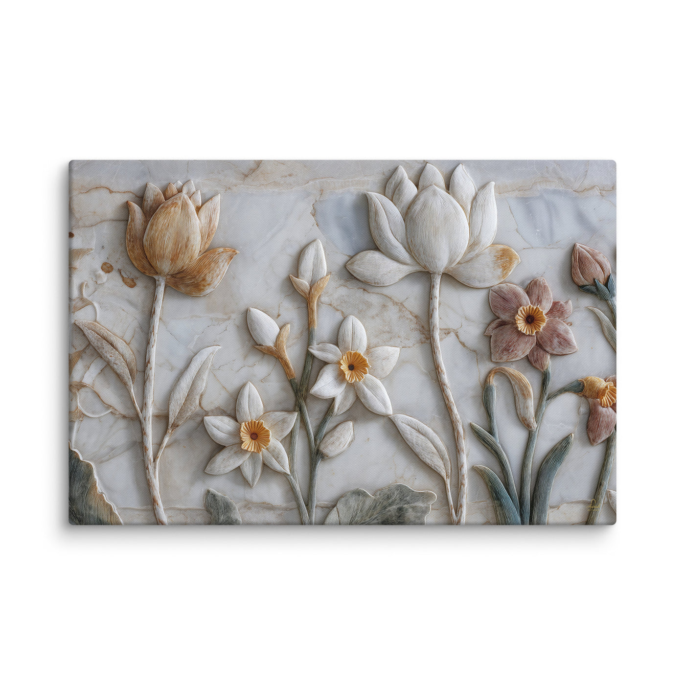Ivory Lotus & Daffodil Relief Art – Sculptural Floral Wall Canvas — view 2
