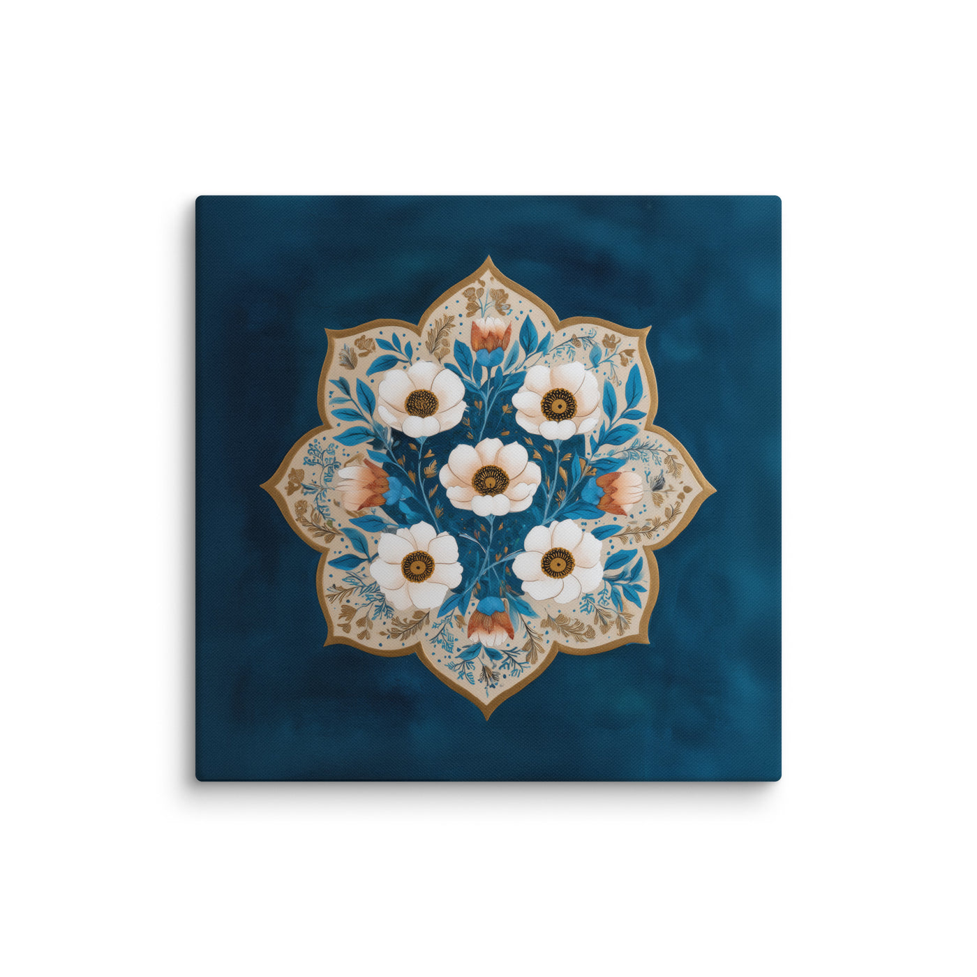 Blue Garden Reverie – Mughal Floral Medallion Canvas Art with Ivory Blossoms & Gold Detailing — view 1