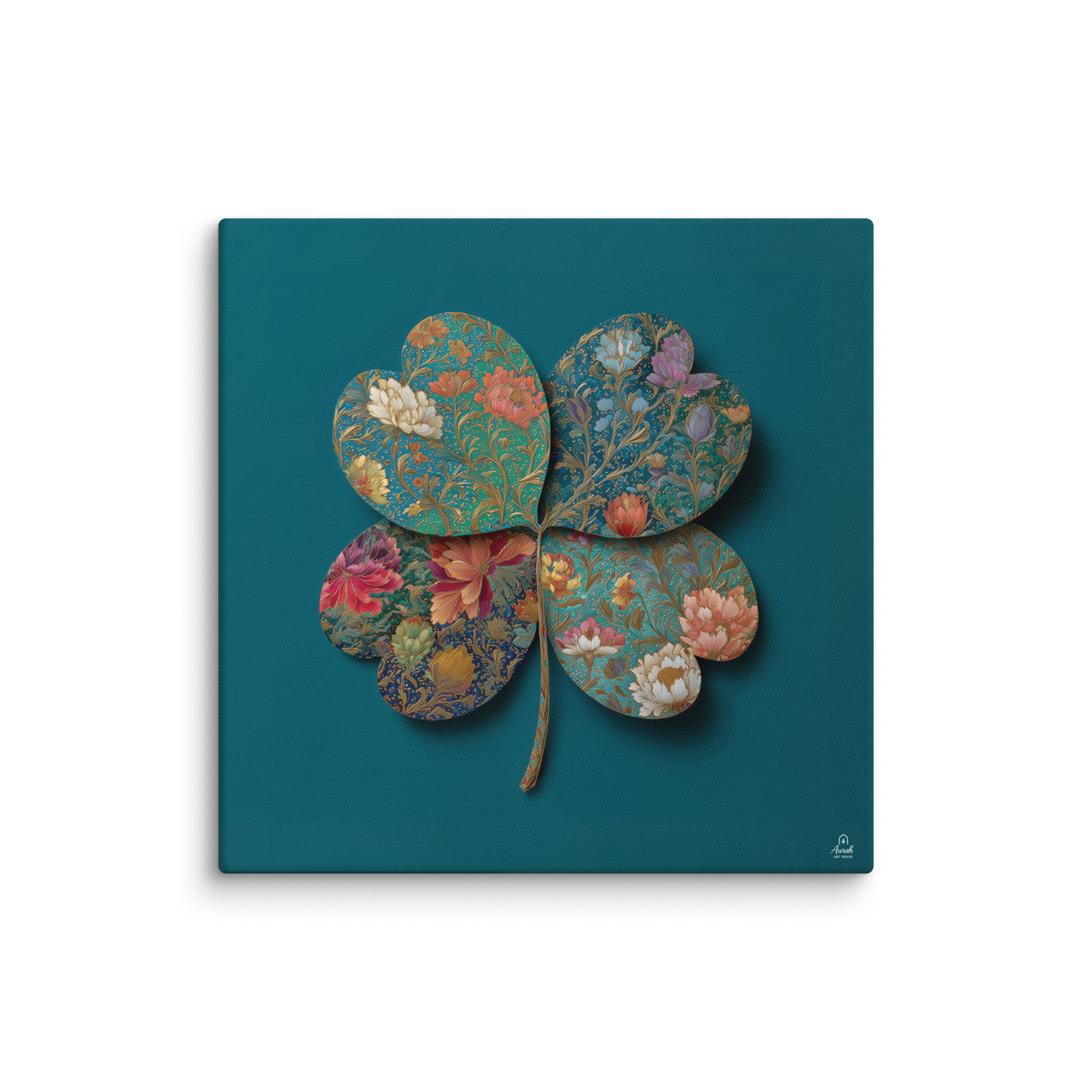 Four Gardens in Teal — Mughal Floral Canvas & Framed Wall Art, Peacock Blue Clover Print, Indian Botanical Decor, Sage Rose Teal Lotus Art — view 11
