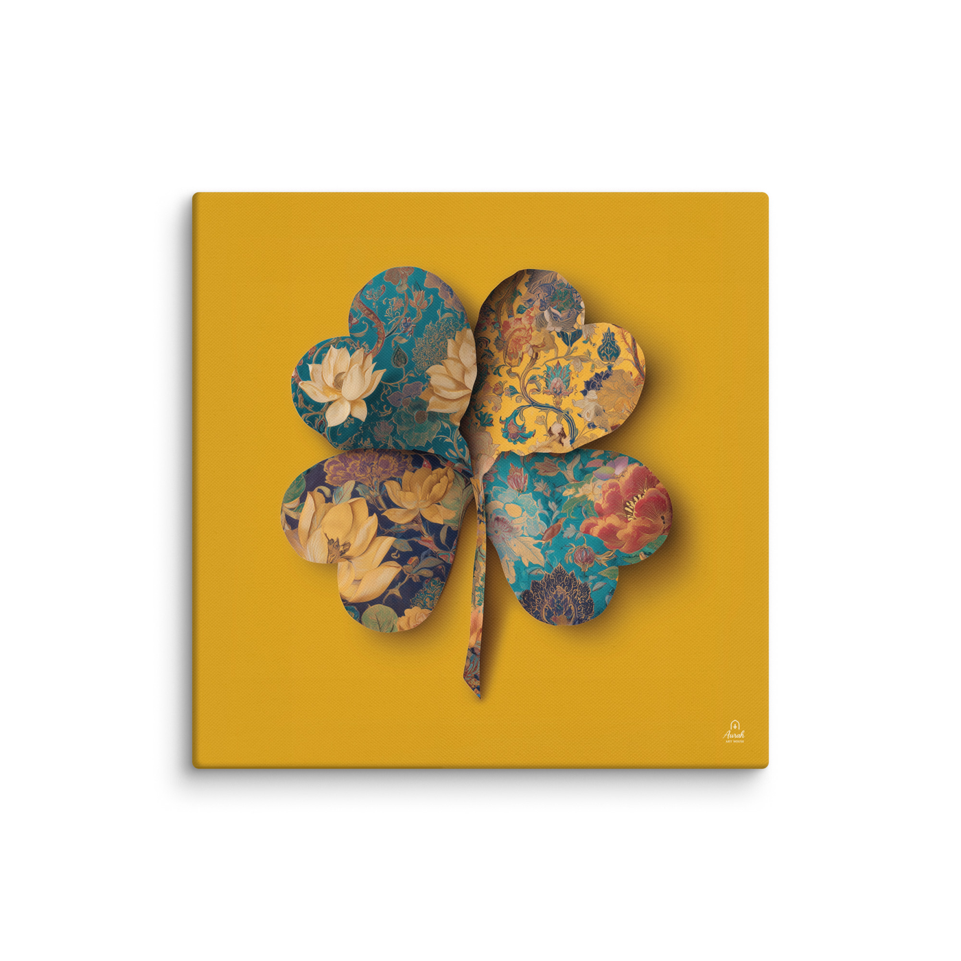 Four Gardens in Saffron - Mughal Floral Canvas & Framed Wall Art, Saffron Clover Print, Indian Botanical Decor, Gold Teal Lotus Art — view 13