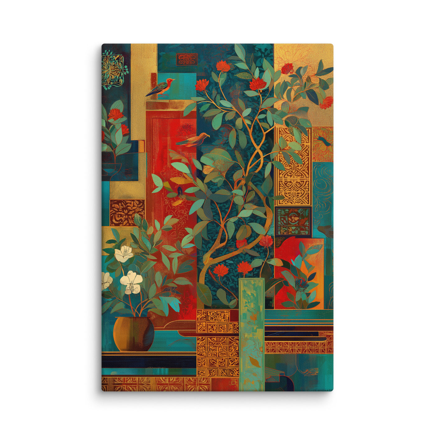 Crimson Garden in Gold – Mughal-Inspired Modern Wall Art — view 3