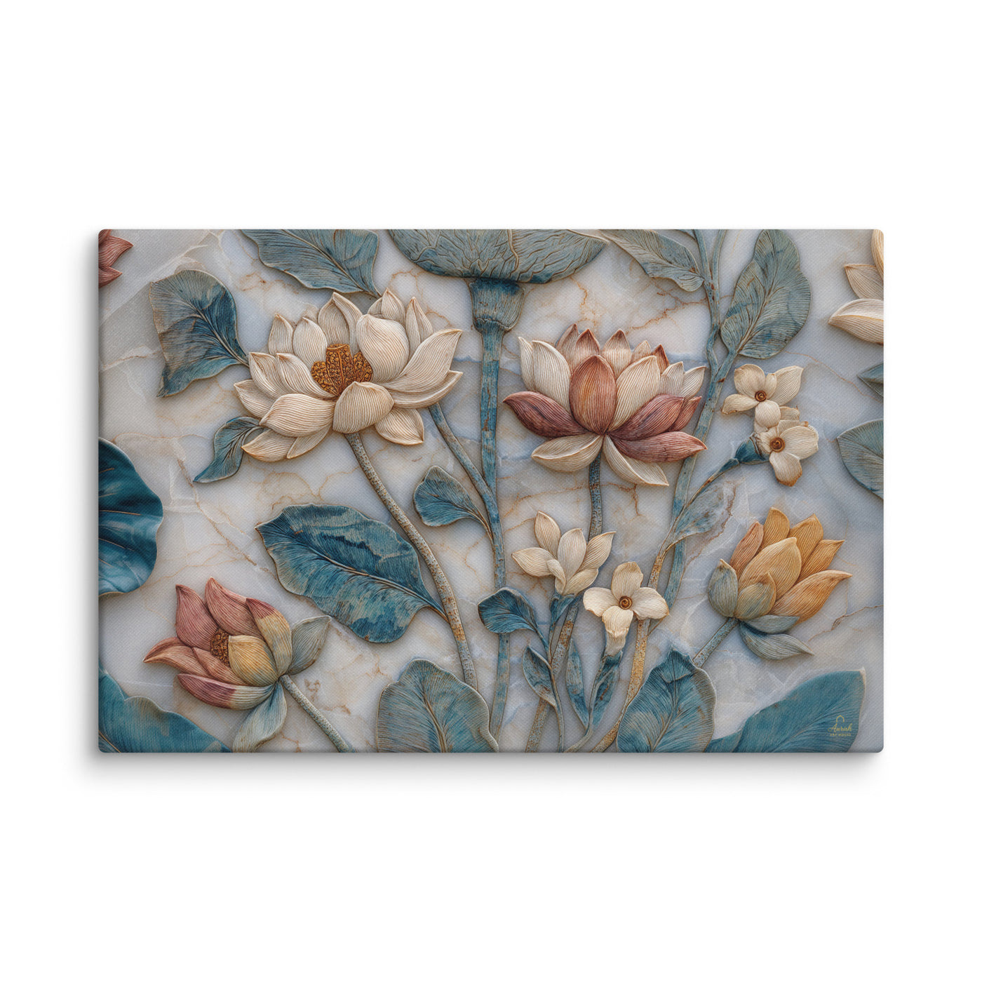 Mughal Lotus Garden — Naturalistic Marble Floral Bas-Relief Canvas — view 2