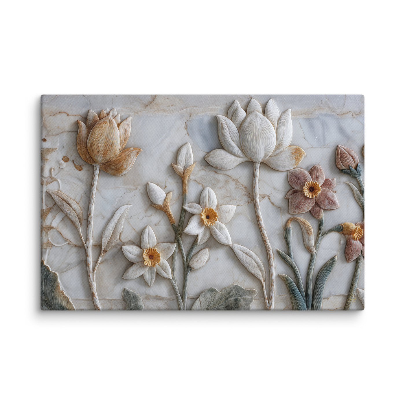 Ivory Lotus & Daffodil Relief Art – Sculptural Floral Wall Canvas — view 5