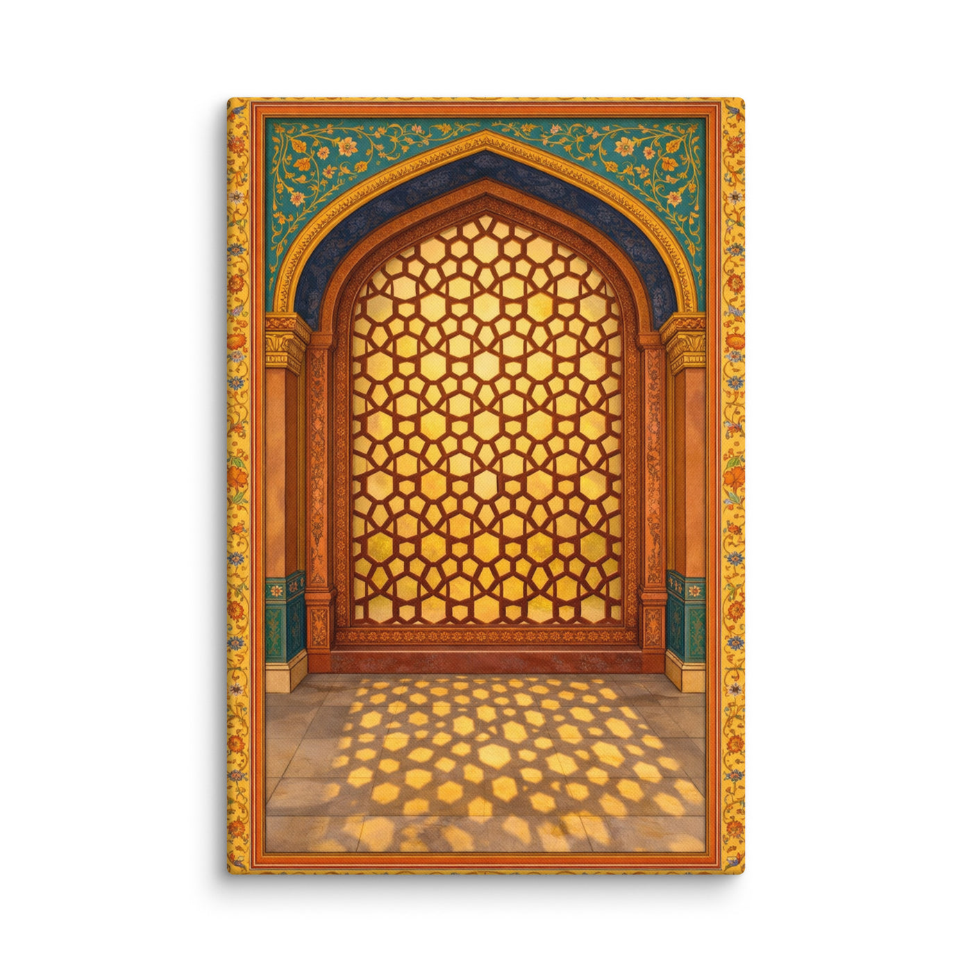 Golden Mughal Arch Canvas Wall Art – Indian Architectural Jali Window, Blue & Gold Palace Inspired Cultural Decor — view 1