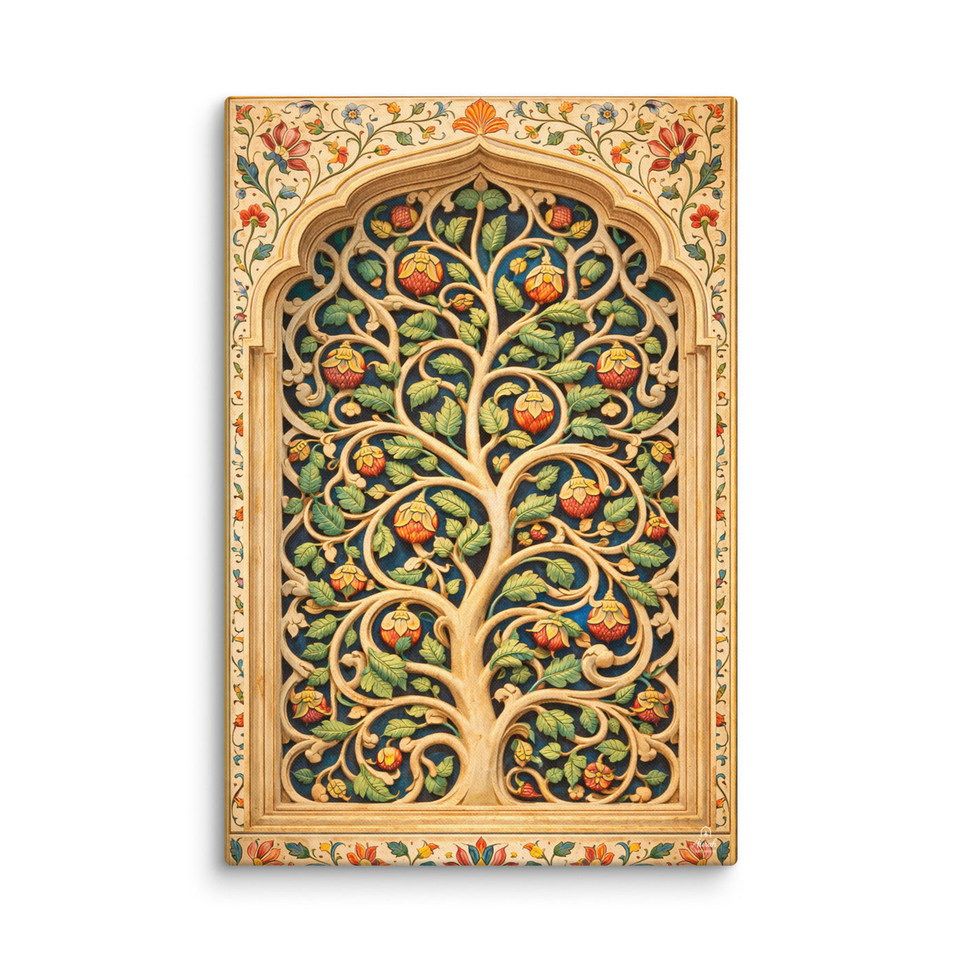 Mughal Tree of Life Wall Art, Curvilinear Vine Canvas, Indian Botanical Decor, Blue Gold Floral Artwork, Sidi Sayyid Inspired Art — view 1