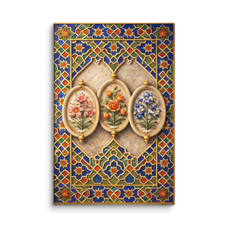 Mughal Floral Cartouche Wall Art – Shah Jahan Inspired Geometric Panel Canvas in Blue, Gold & Jewel Tones