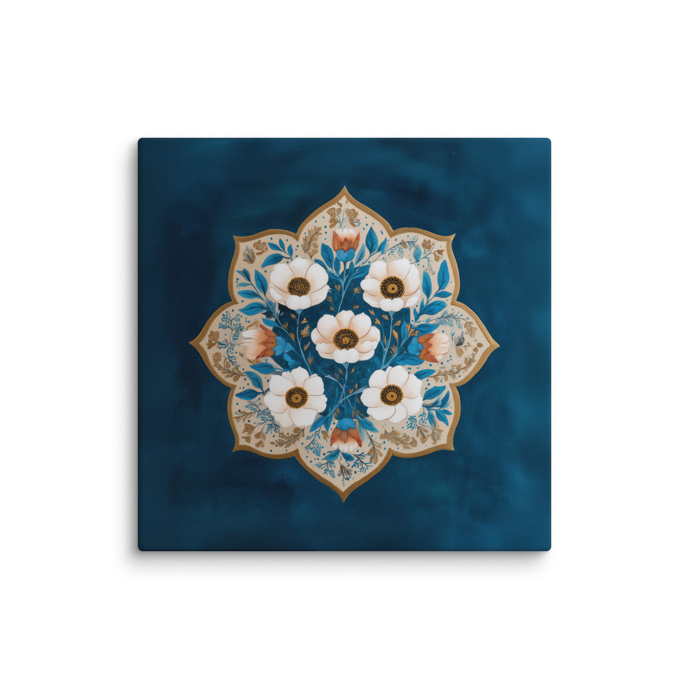 Blue Garden Reverie – Mughal Floral Medallion Canvas Art with Ivory Blossoms & Gold Detailing — view 2