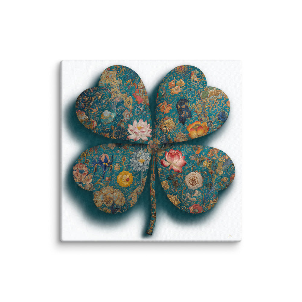 The Clover of a Thousand Blooms — Mughal Floral Canvas & Framed Wall Art, Teal Gold Clover Print, Indian Botanical Decor, Lotus Peony Marigold Art — view 4