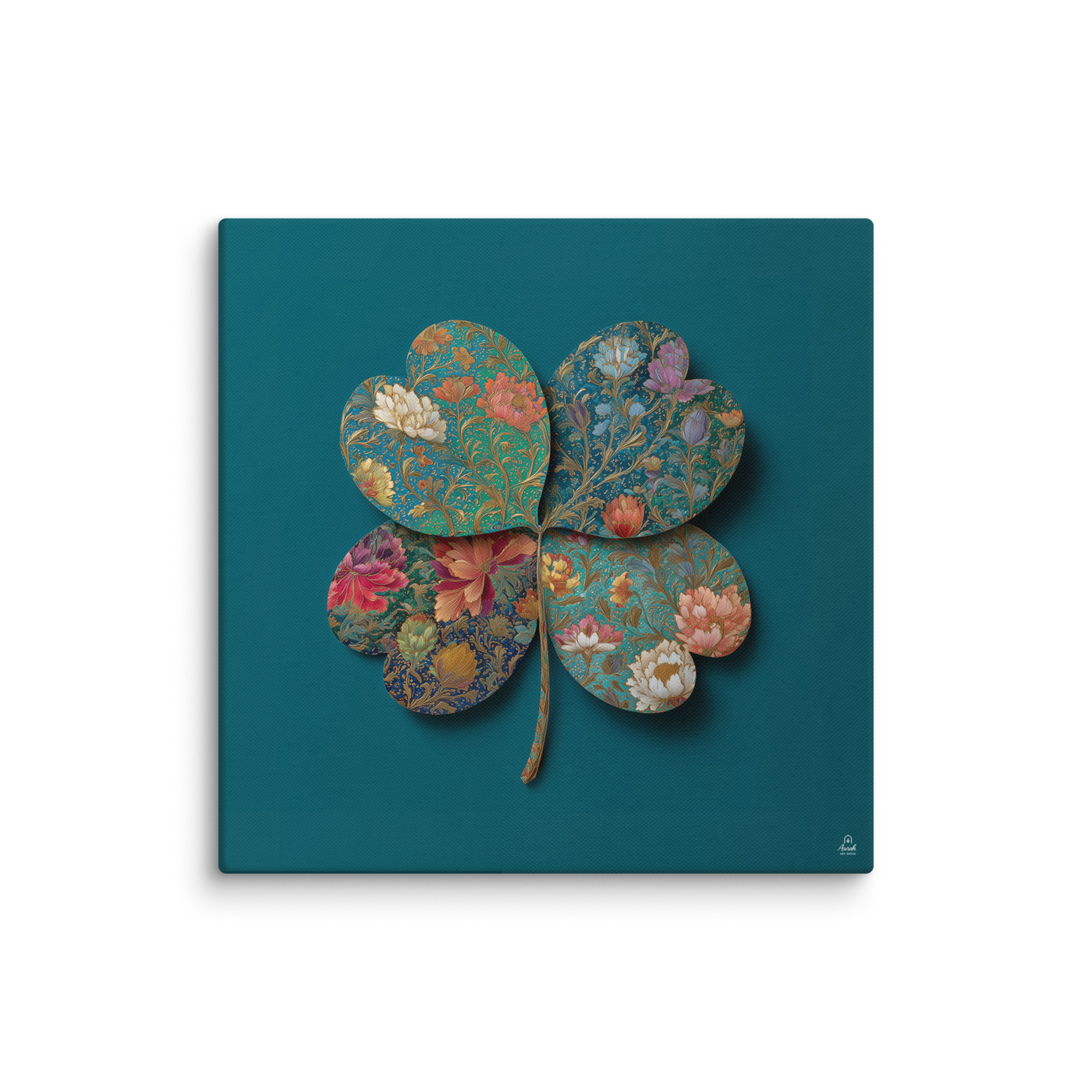 Four Gardens in Teal — Mughal Floral Canvas & Framed Wall Art, Peacock Blue Clover Print, Indian Botanical Decor, Sage Rose Teal Lotus Art — view 12