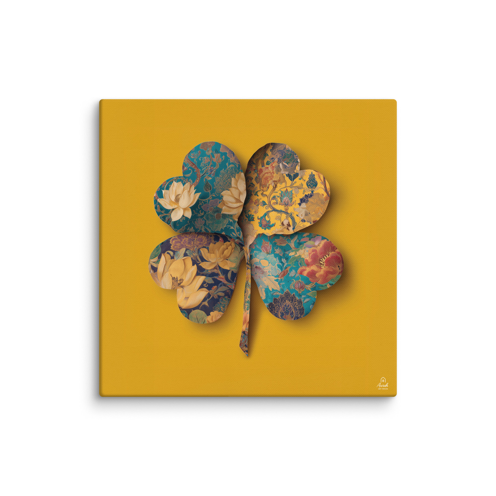 Four Gardens in Saffron - Mughal Floral Canvas & Framed Wall Art, Saffron Clover Print, Indian Botanical Decor, Gold Teal Lotus Art — view 14