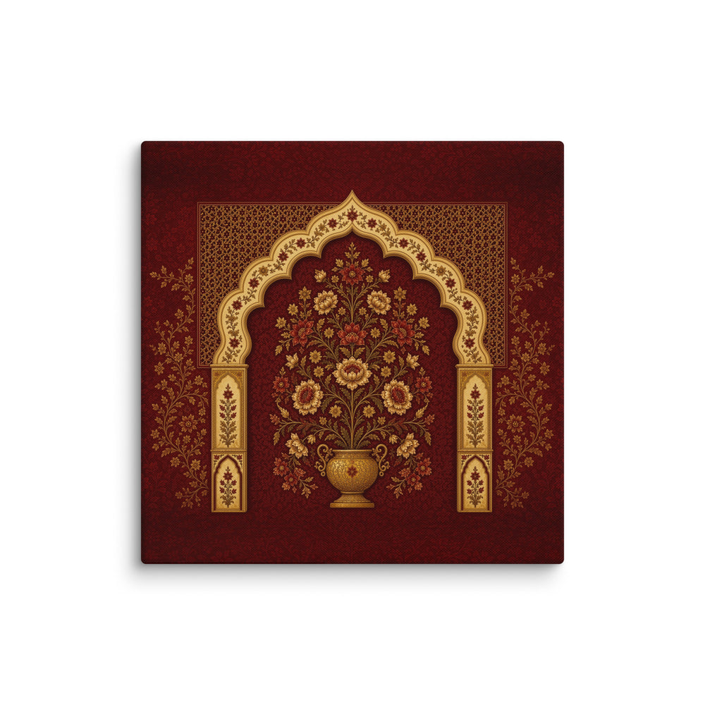 Mughal Floral Arch Canvas Wall Art – Red & Gold Indian Botanical Decor — view 2