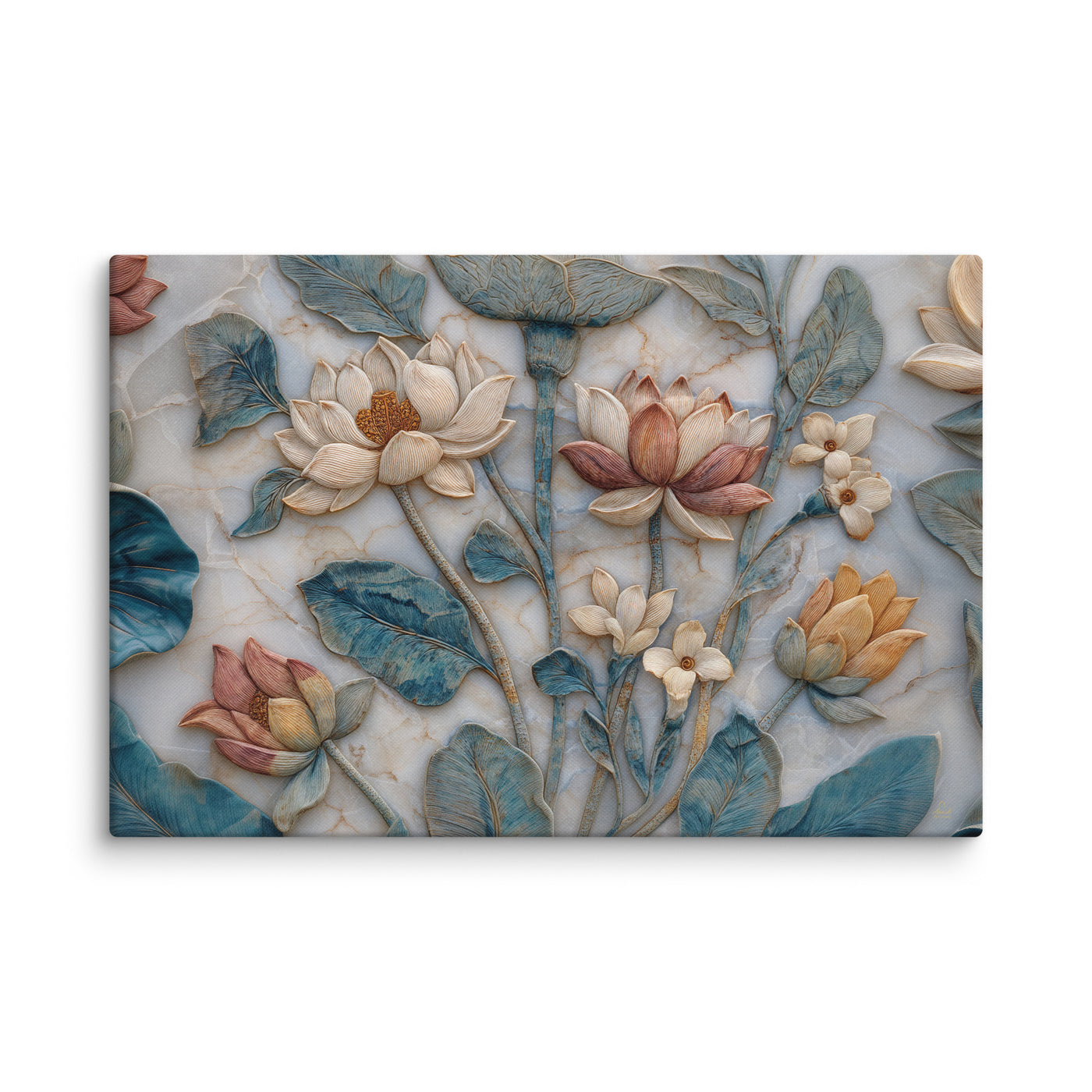 Mughal Lotus Garden — Naturalistic Marble Floral Bas-Relief Canvas — view 3