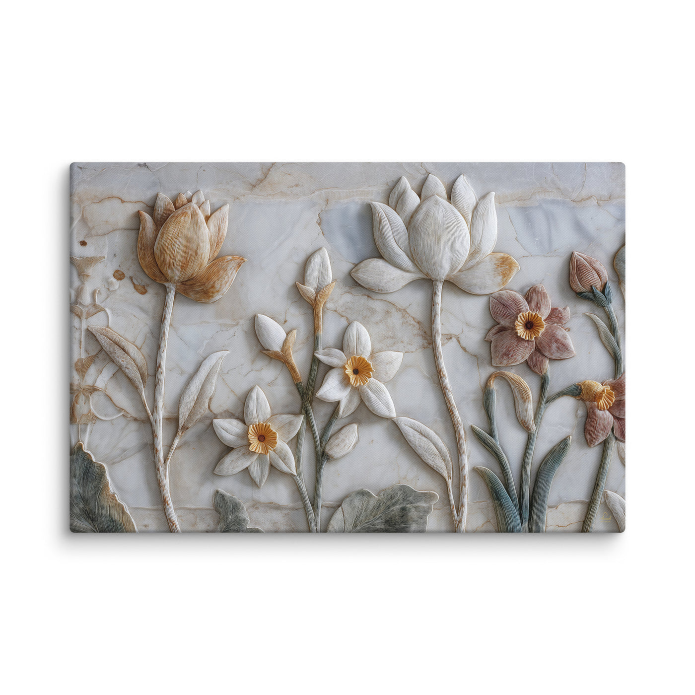 Ivory Lotus & Daffodil Relief Art – Sculptural Floral Wall Canvas — view 4