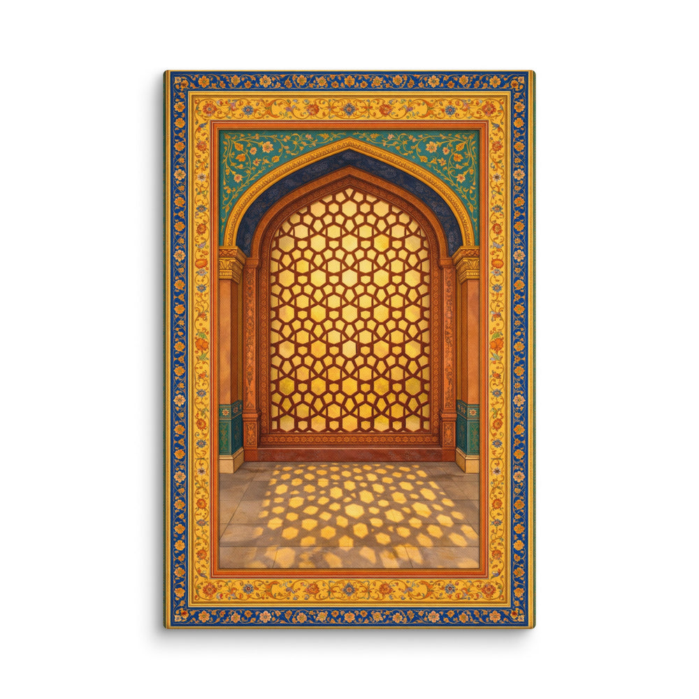 Golden Mughal Arch Canvas Wall Art – Indian Architectural Jali Window, Blue & Gold Palace Inspired Cultural Decor — view 3